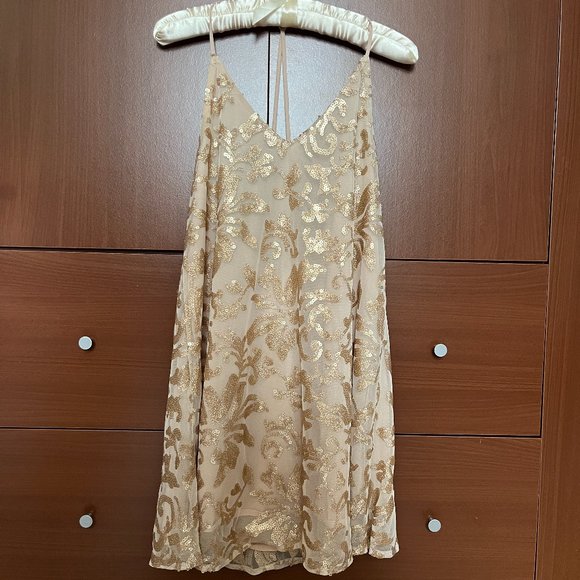 Gold Sequin Mini Dress T-strap Back, Size Small - Picture 1 of 9